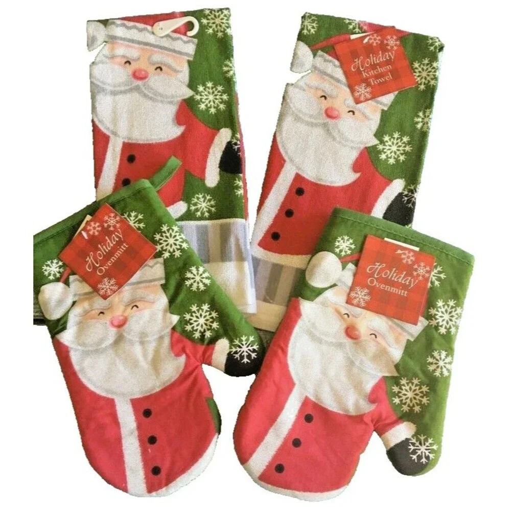 Santa Christmas Set of 4 Dish Towels Oven Mitts Snowflakes Holiday Glitter